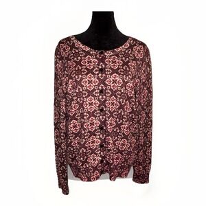 Talbots Geometric Print Metallic Shimmer Cardigan Sweater Burgundy Size Large